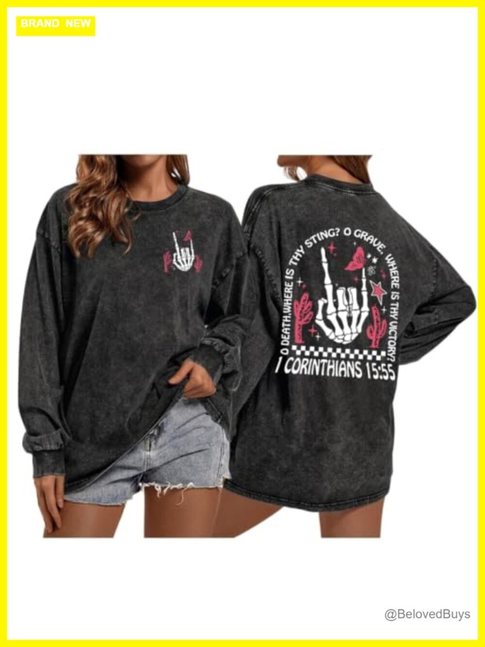 Christian Gothic Oversized Long Sleeve T-Shirt Cotton Blend Acid Wash